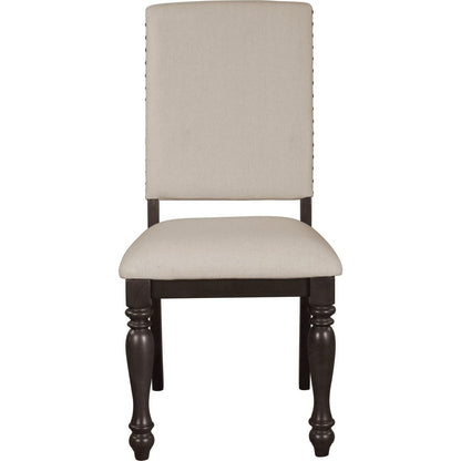 Fabric Upholstery Side Chairs 2pc Set Grayish Brown Finish Wood Frame Nailhead Trim Turned Legs Dining Furniture