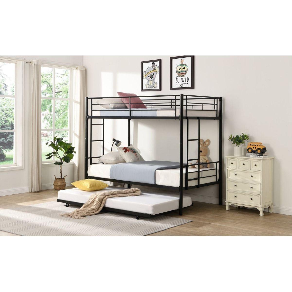 Over Twin Bunk Bed Frame with Trundle,Metal Bunkbed with Sturdy Guard Rail and 2 sideLadders for Kids/Adults,Can be Divided Into Two Beds, No Box Spring Needed, Noise Free for Dorm,Black