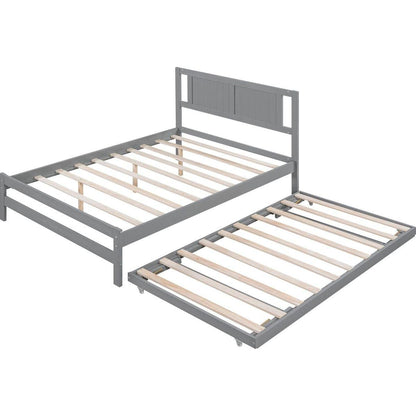 Full Size Platform Bed with Adjustable Trundle, Gray