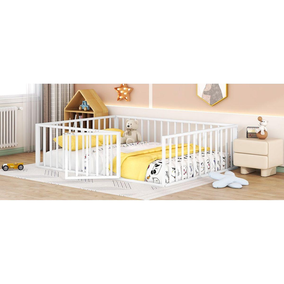 Queen Size Metal Floor Bed Frame with Fence and Door, White