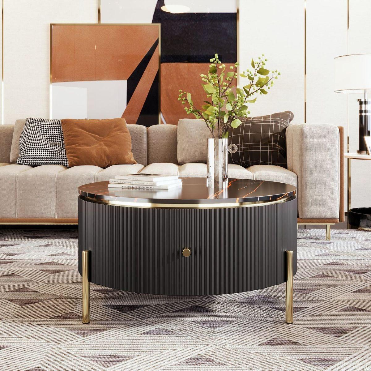 Modern Round Coffee Table with 2 large Drawers Storage Accent Table(31.5")