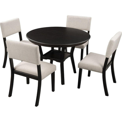 5-Piece Kitchen Dining Table Set Round Table with Bottom Shelf, 4 Upholstered Chairs for Dining Room (Espresso)