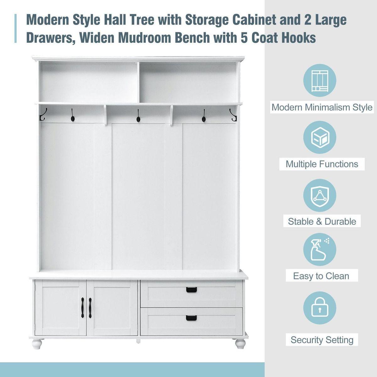 Modern Style Hall Tree with Storage Cabinet and 2 Large Drawers, Widen Mudroom Bench with 5 Coat Hooks, White