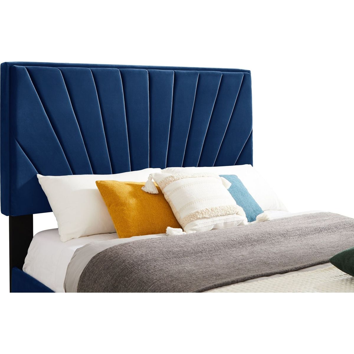 Full bed with one nightstand, Beautiful line stripe cushion headboard, strong wooden slats + metal legs with Electroplate