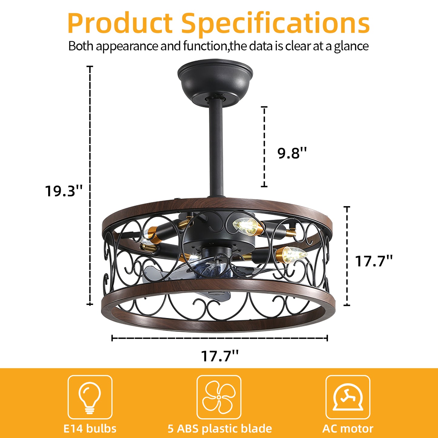 18inch Caged Ceiling Fan with Lights Remote Control for APP