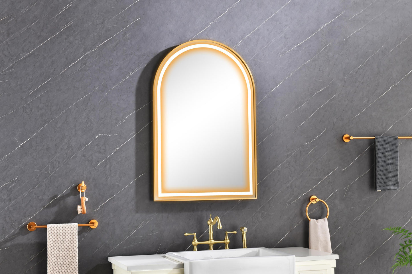 39in. W x 26in. H Oversized Rectangular Brushed Gold Framed LED Mirror Anti-Fog Dimmable Wall Mount Bathroom Vanity Mirror Wall Mirror Kit For Gym And Dance Studio