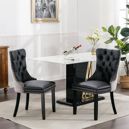 Nikki Collection Modern, High-end Tufted Solid Wood Contemporary PU and Velvet Upholstered Dining Chair with Wood Legs Nailhead Trim 2-Pcs Set Black+Gray