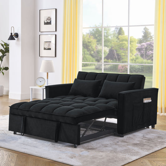 Sleeper Sofa, Convertible Sofa, Recliner, Bed, 3-in-1, 3-Position Adjustable Backrest, 2-Seater Sectional, Two Side Pockets, 2 Pillows for Living Room, Apartment, etc., Velvet Black 54" Wide.