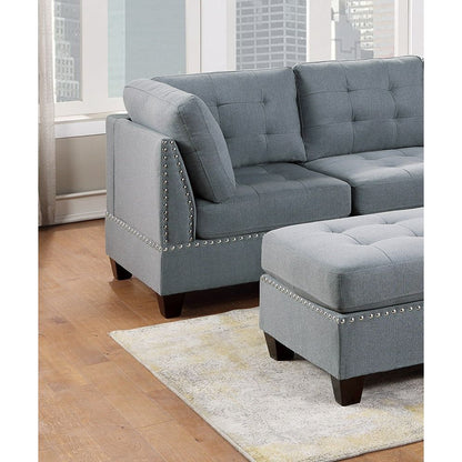 Modular Sectional 6pc Set Living Room Furniture L-Sectional Gray Linen Like Fabric Tufted Nail heads 2x Corner Wedge 2x Armless Chairs and 2x Ottomans