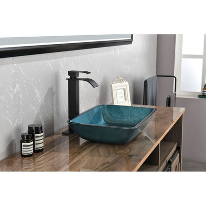 18.125" L -13.0" W -12.0" H Handmade Countertop Glass Rectangular Vessel Bathroom Sink Set in Blue Glass with Matte Black Single-Handle Single Hole Faucet and Pop Up Drain