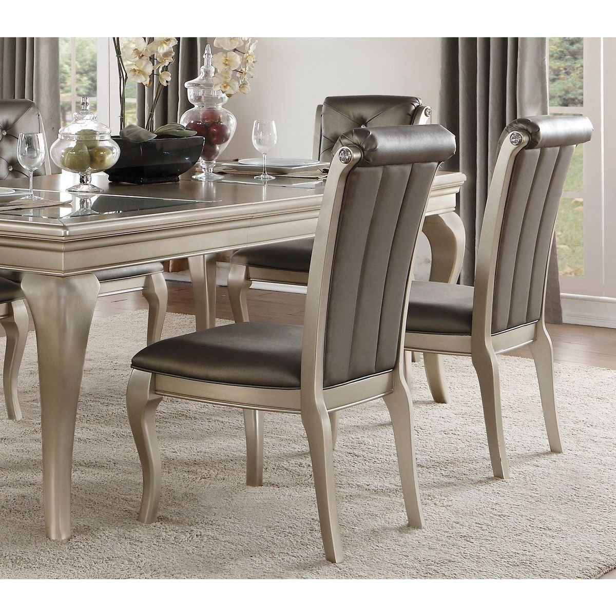 Crystal Button-Tufted Side Chairs 2pc Set Silver Finish Wood Frame Gray Faux Leather Upholstered Dining Furniture