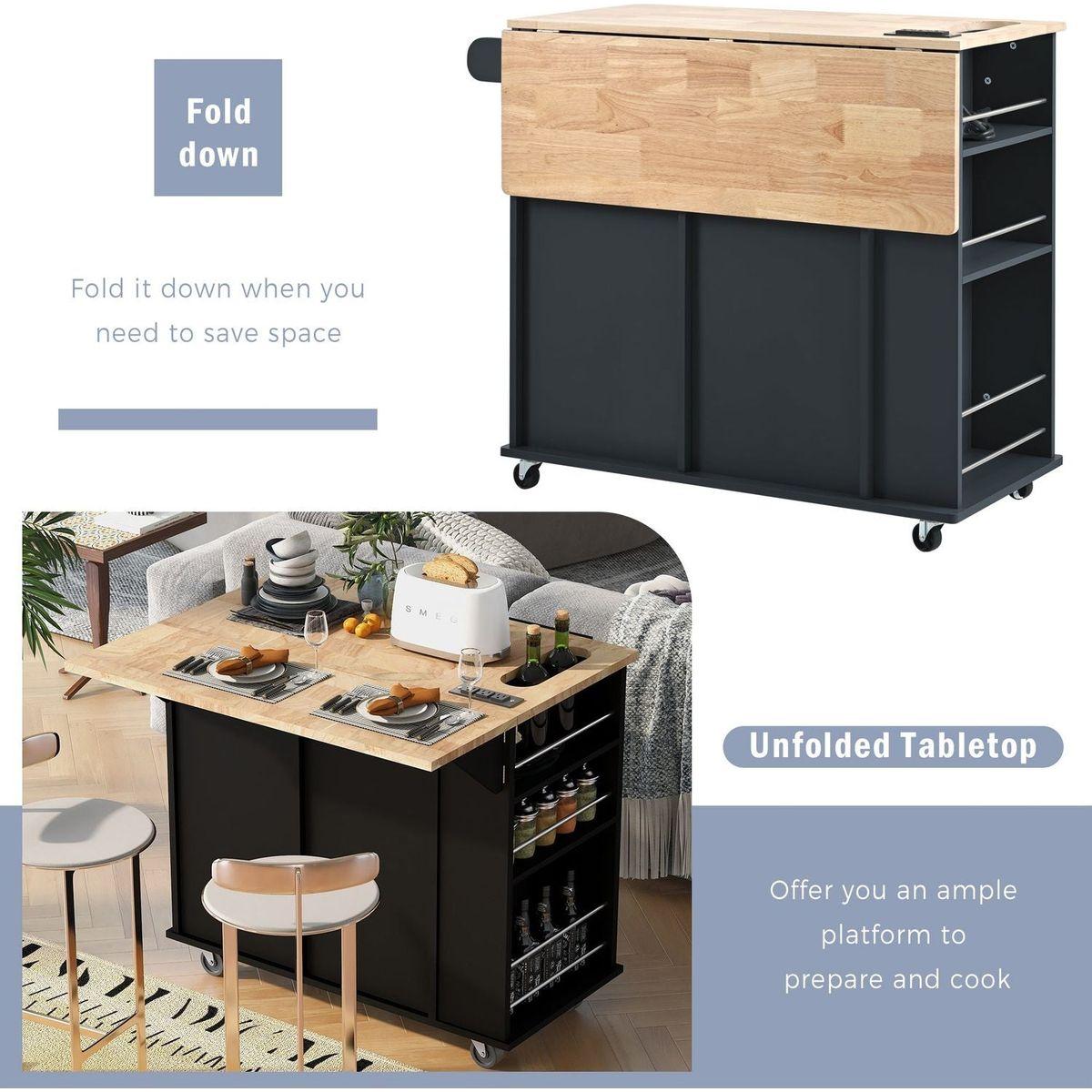 Kitchen Island with Power Outlet,Kitchen Storage Island with Drop Leaf and Rubber Wood,Open Storage and Wine Rack,5 Wheels,with Adjustable Storage for Home, Kitchen, and Dining Room, Black