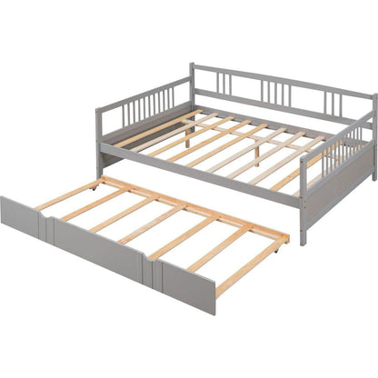 Full Size Daybed Wood Bed with Twin Size Trundle, Gray