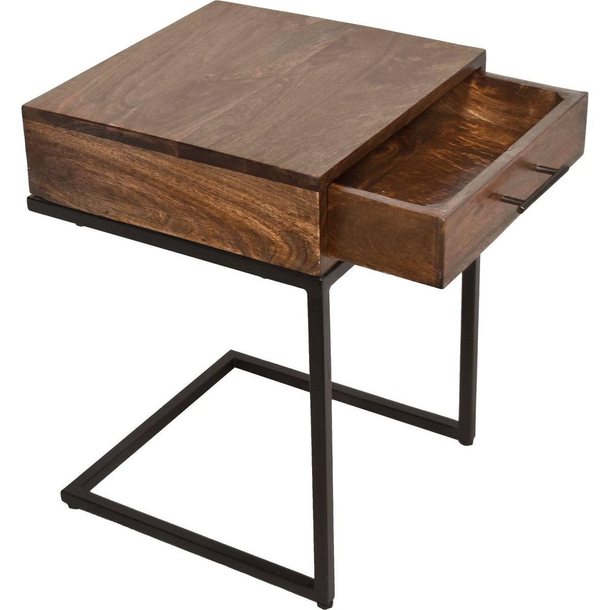 Mango Wood Side Table with Drawer and Cantilever Iron Base, Brown and Black