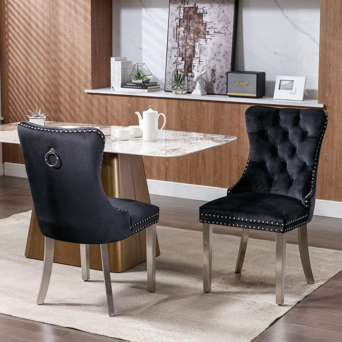 Nikki Collection Modern, High-end Tufted Solid Wood Contemporary Velvet Upholstered Dining Chair with Chrome Stainless Steel Plating Legs, Nailhead Trim, Set of 2, Black and Chrome