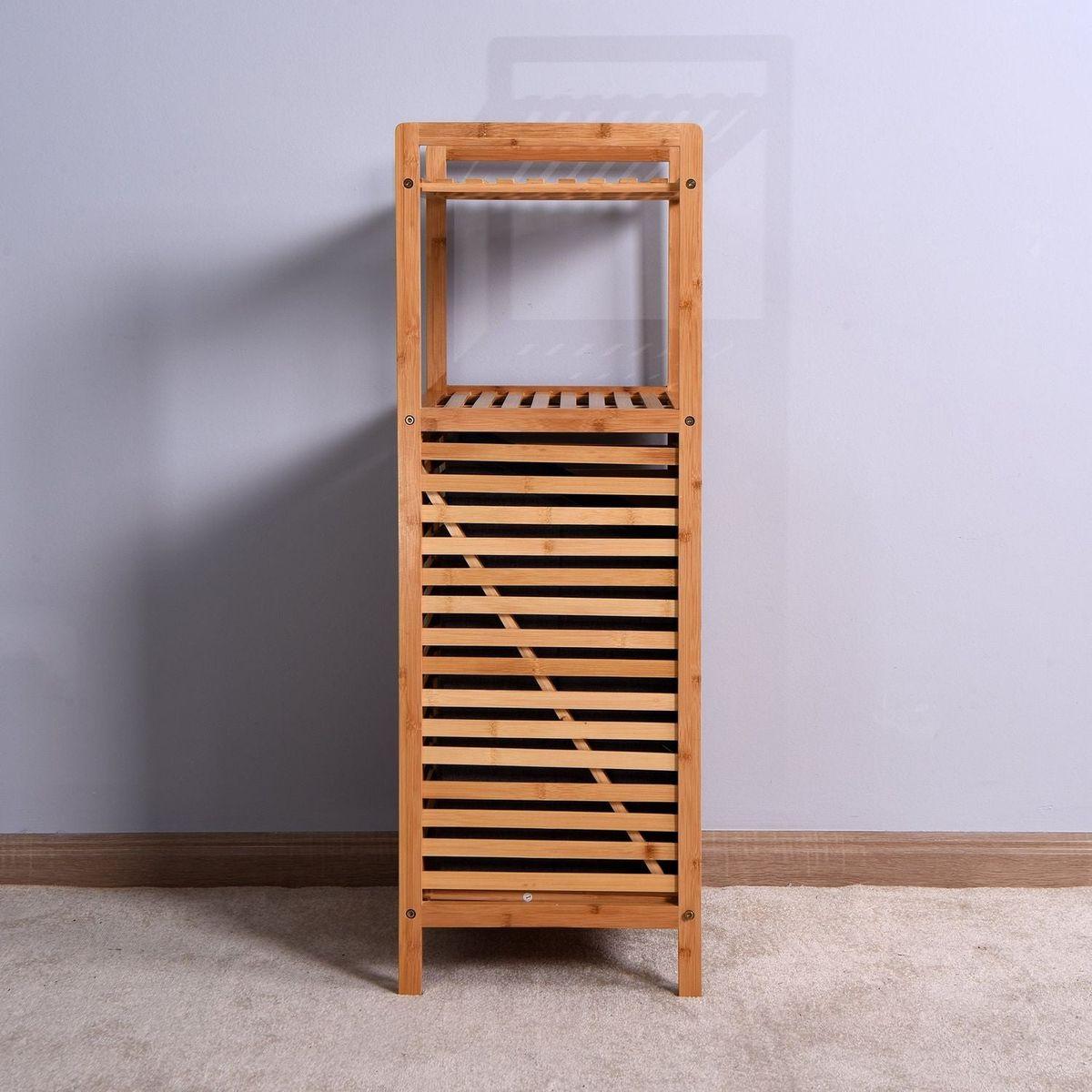 Bathroom Laundry Basket Bamboo Storage Basket with 2-tier Shelf 17.32 x 13 x 37.8 inch - Streamdale Furniture