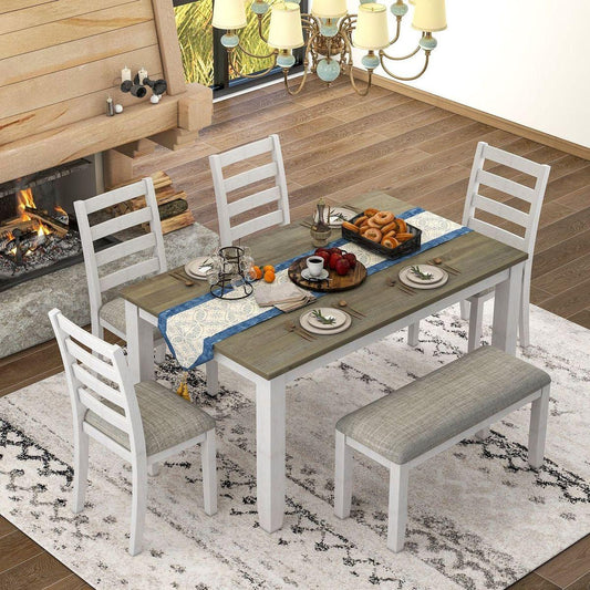 Rustic Style 6-Piece Dining Room Table Set with 4 Upholstered Chairs & a Bench (Brown + Whitewash)