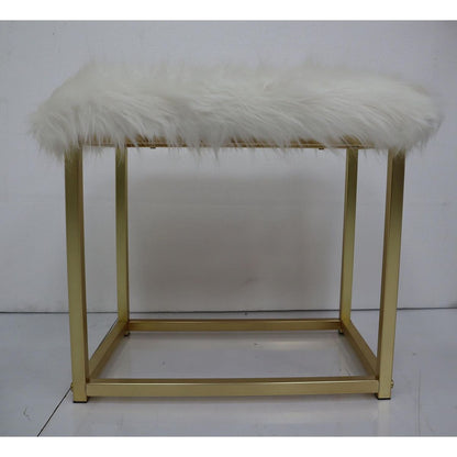 Adao Vanity Mirror & Stool in Faux Fur, Mirror, White & Brass Finish