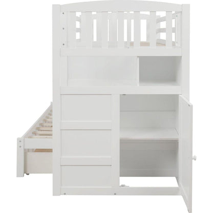 Twin over Full/Twin Bunk Bed, Convertible Bottom Bed, Storage Shelves and Drawers, White