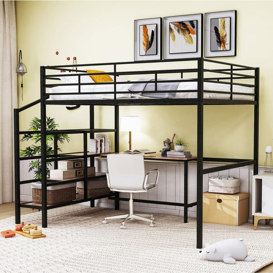 Full Size Metal Loft Bed with Desk and Lateral Storage Ladder, Black