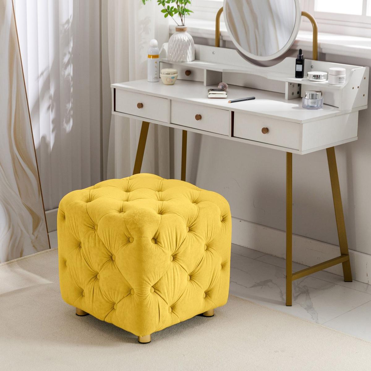 Yellow Modern Velvet Upholstered Ottoman, Exquisite Small End Table, Soft Foot Stool, Dressing Makeup Chair, Comfortable Seat for Living Room, Bedroom, Entrance
