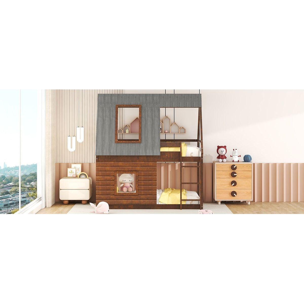 Wood Twin Size House Bunk Bed with Roof, Ladder and 2 Windows, Oak & Smoky Grey