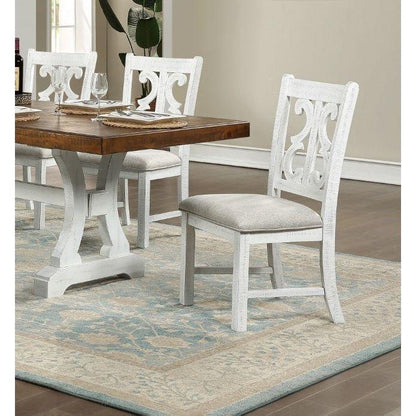 Lavish Design Distressed White 2pcs Dining Chairs Only, Gray Padded Fabric Seat Dining Room Kitchen Furniture Solid wood decorative Back