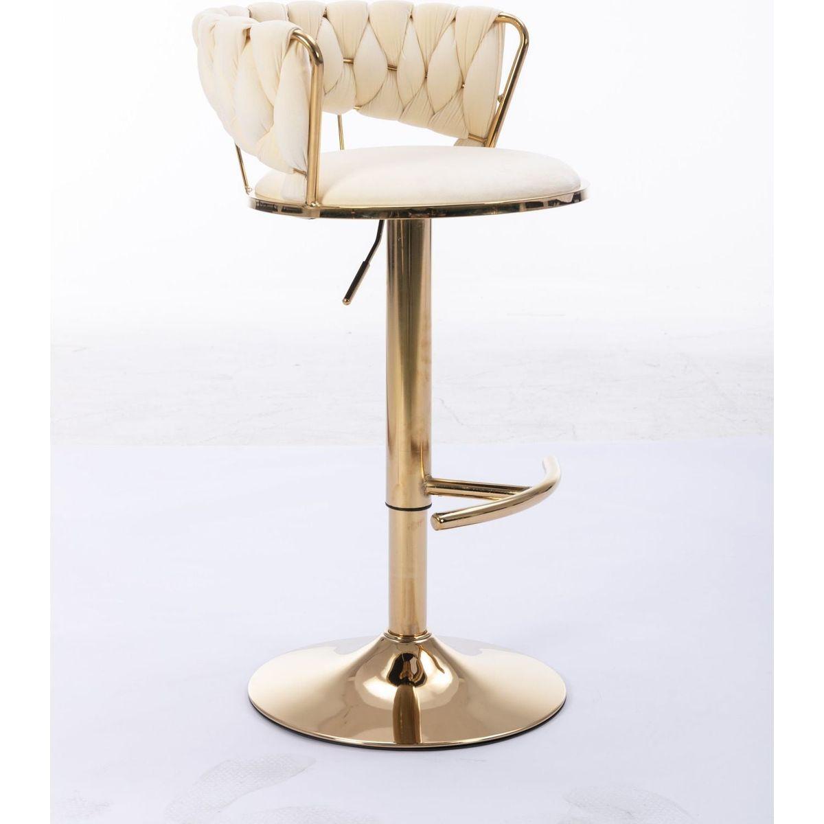 Set of 2 Bar Stools, with Chrome Footrest and Base Swivel Height Adjustable Mechanical Lifting Velvet + Golden Leg Simple Bar Stool-Cream - Streamdale Furniture