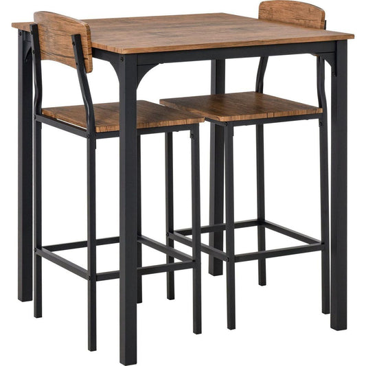 3 Piece Bar Table Set, Industrial Counter Height Dining Table Set, Bar Table & Chairs with Steel Legs & Footrests, Black