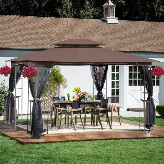 13x10 Outdoor Patio Gazebo Canopy Tent With Ventilated Double Roof And Mosquito net (Detachable Mesh Screen On All Sides),Suitable for Lawn, Garden, Backyard and Deck, Brown Top - Streamdale Furniture