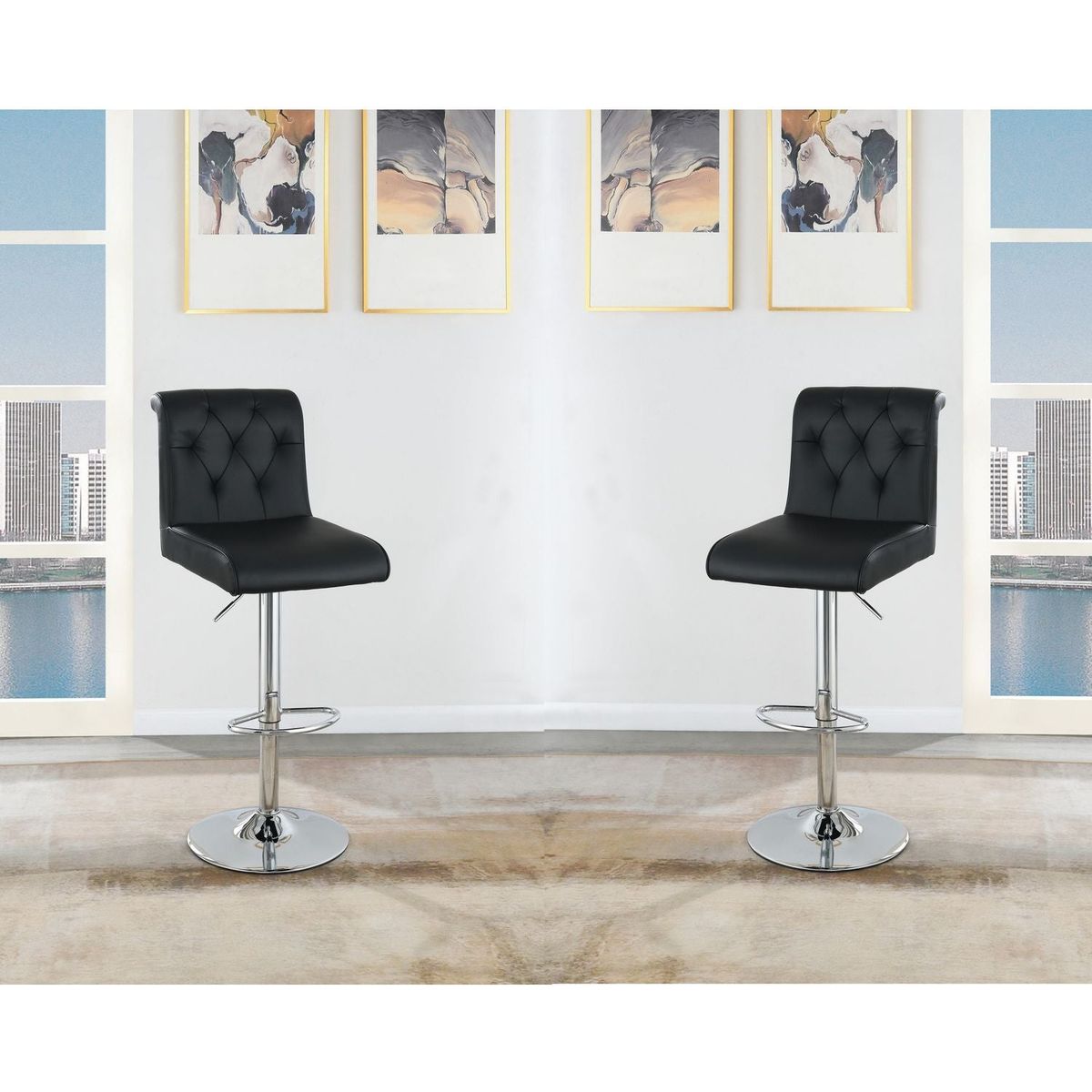 Adjustable Bar stool Gas lift Chair Black Faux Leather Tufted Chrome Base Modern Set of 2 Chairs Dining Kitchen