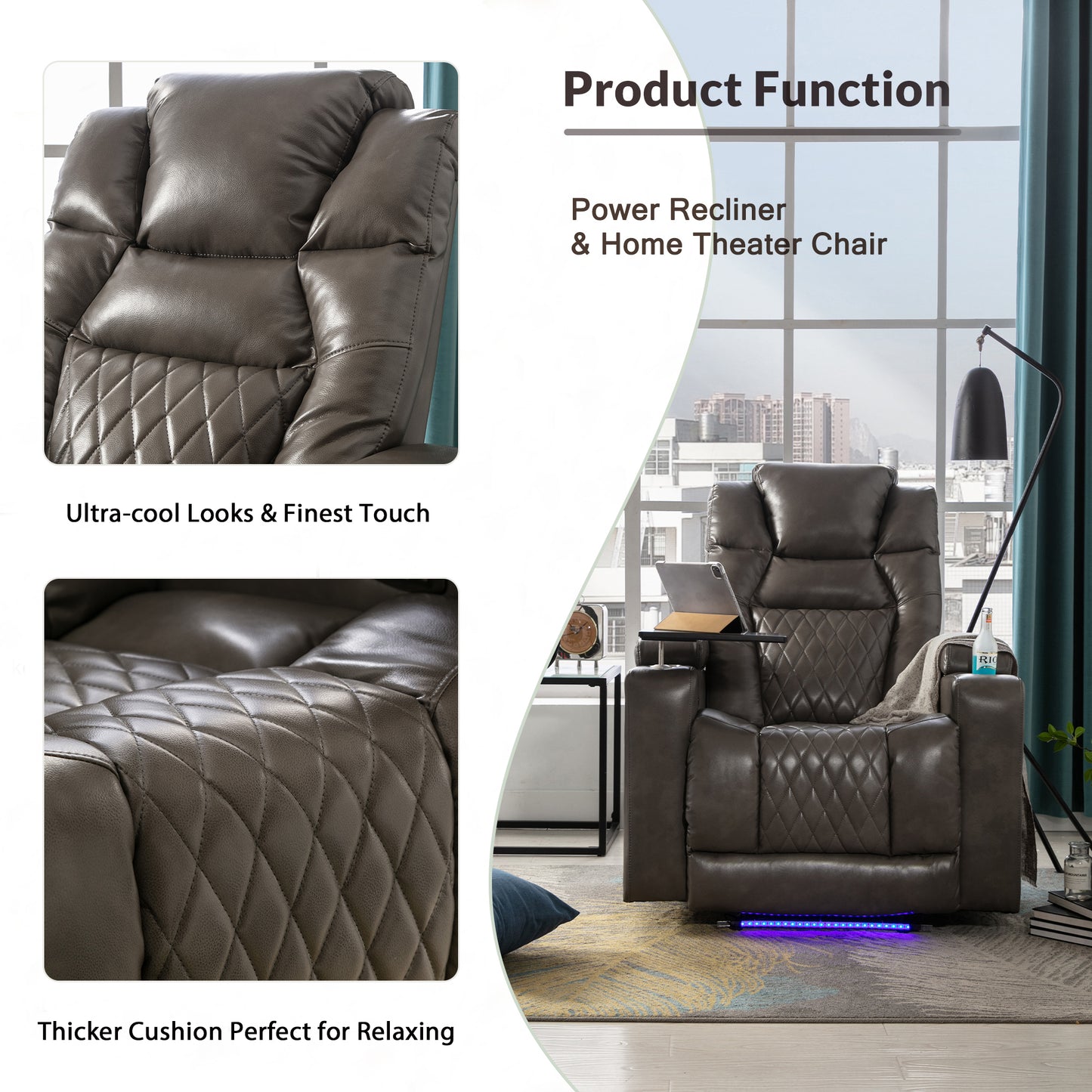 Power Motion Recliner with USB Charging Port and Hidden Arm Storage, Home Theater Seating with 2 Convenient Cup Holders Design and 360 degree Swivel Tray Table