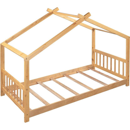 Twin Size House Platform Bed with Headboard and Footboard, Roof Design卢篓Natural