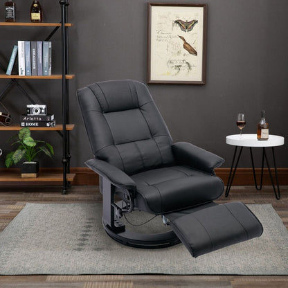 Faux Leather Manual Recliner, Adjustable Swivel Lounge Chair with Footrest, Can Rotate 360 Degrees, L-right Angle Curved Wooden Frame, Armrest and Wrapped Wood Base for Living Room, Black