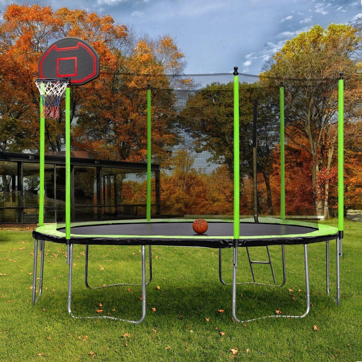 14FT Trampoline with Basketball Hoop Inflator and Ladder (Inner Safety Enclosure) Green - Streamdale Furniture
