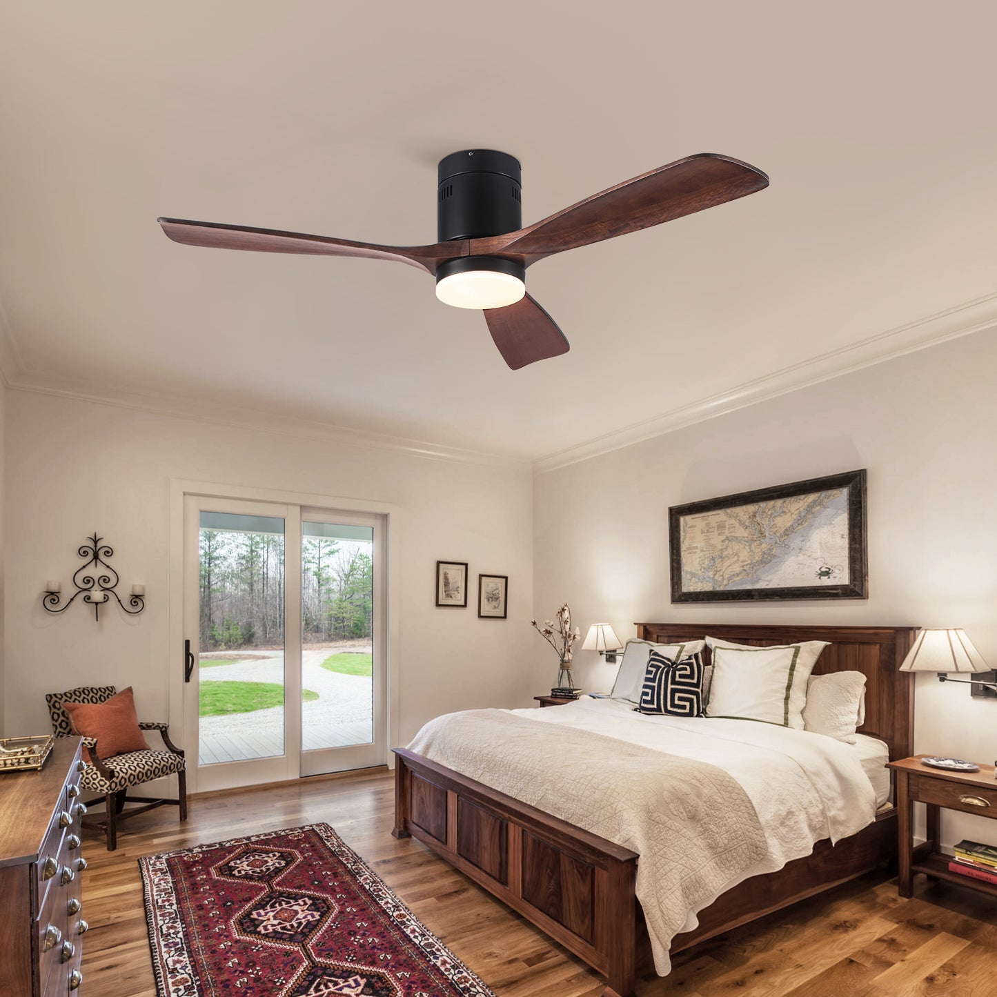 Semi Flush Ceiling Fan with Integrated LED Light in Solid Wood Blade