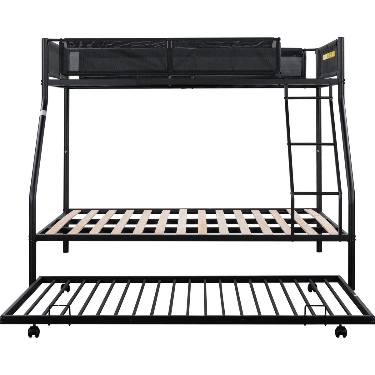 Twin over Full Metal Bunk Bed with Trundle (Wood Slat and Textilene Guardrail)