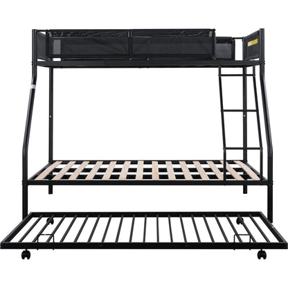 Twin over Full Metal Bunk Bed with Trundle (Wood Slat and Textilene Guardrail)