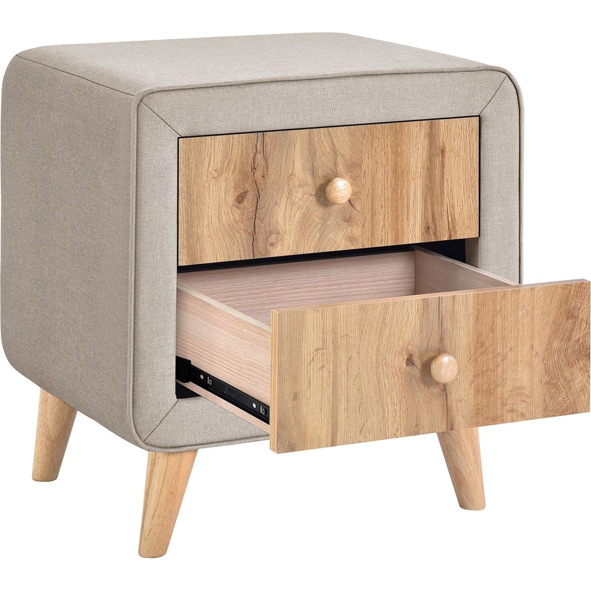 Upholstered Wooden Nightstand with 2 Drawers, Fully Assembled Except Legs and Handles, Bedside Table with Rubber Wood Leg-Beige