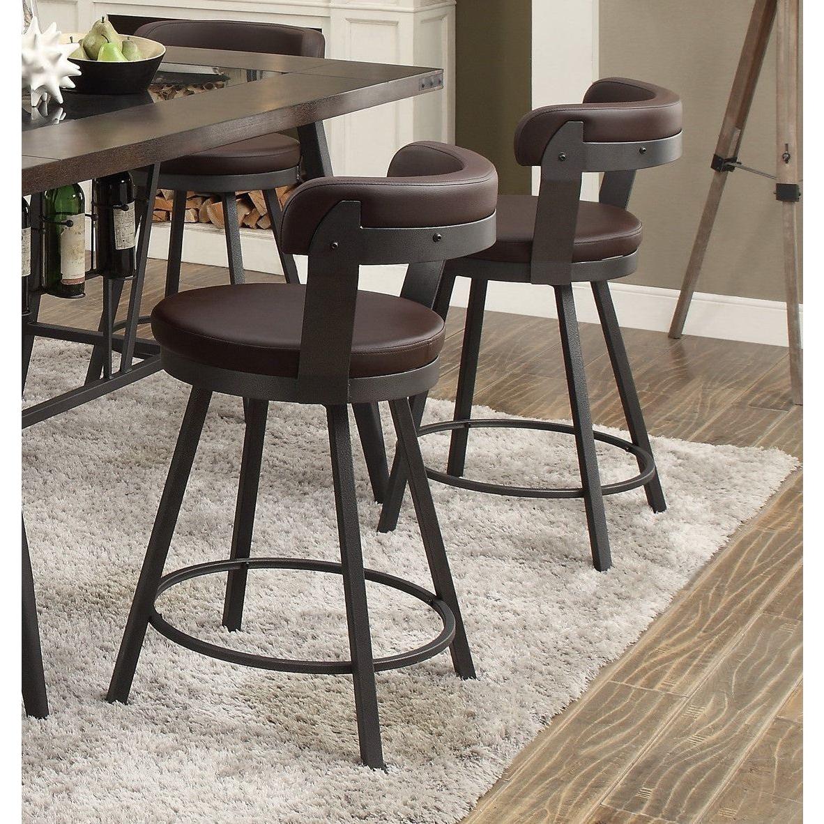 Metal Base 24-inch Counter Height Chairs Set of 2pc Brown Seat 360-degree Swivel Faux Leather Upholstered Dining Room Furniture