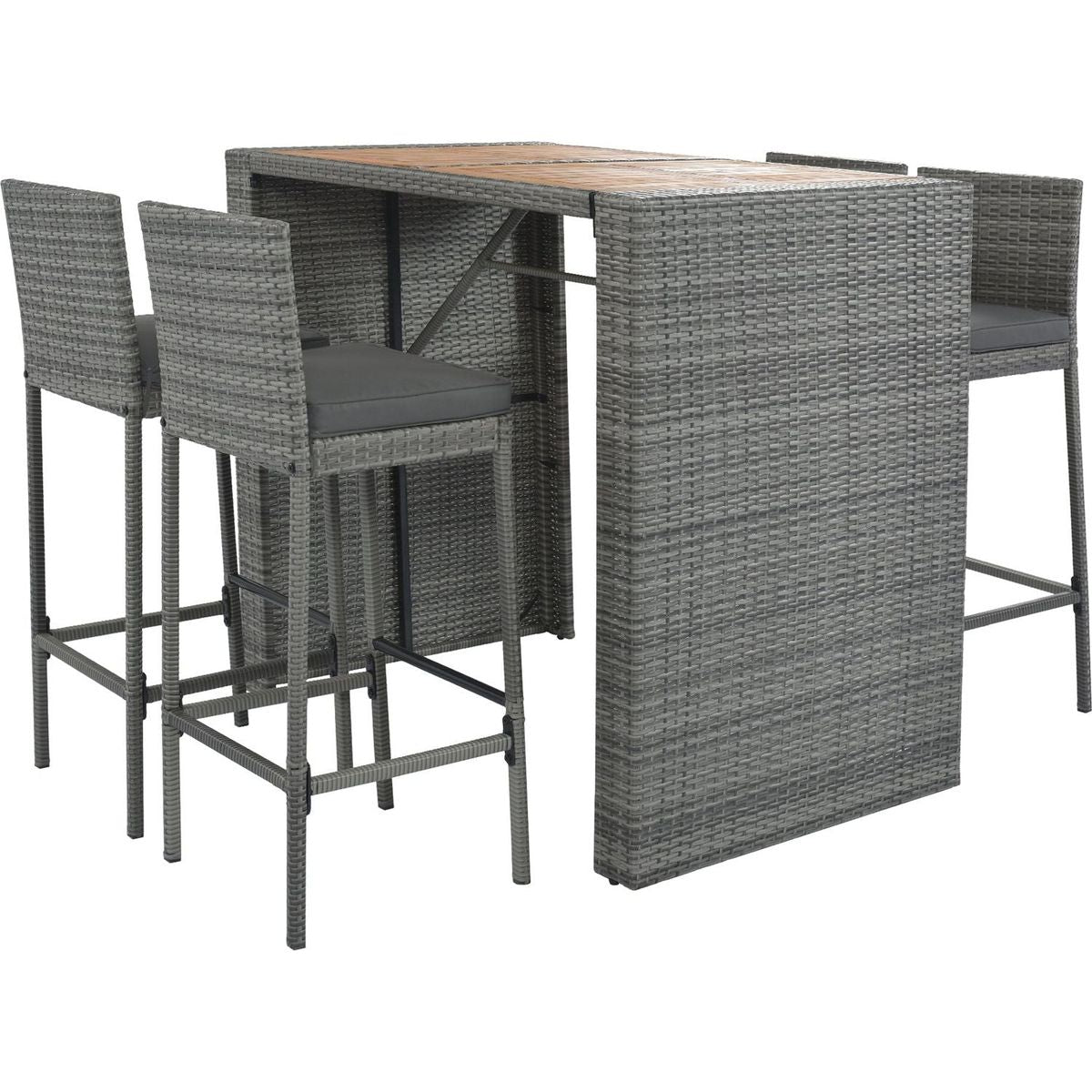 GO 5-pieces Outdoor Patio Wicker Bar Set, Bar Height Chairs With Non-Slip Feet And Fixed Rope, Removable Cushion, Acacia Wood Table Top, Brown Wood And Gray Wicker