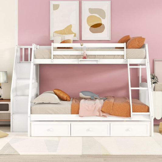 Twin-Over-Full Bunk Bed with Drawers氓Ladder and Storage Staircase, White