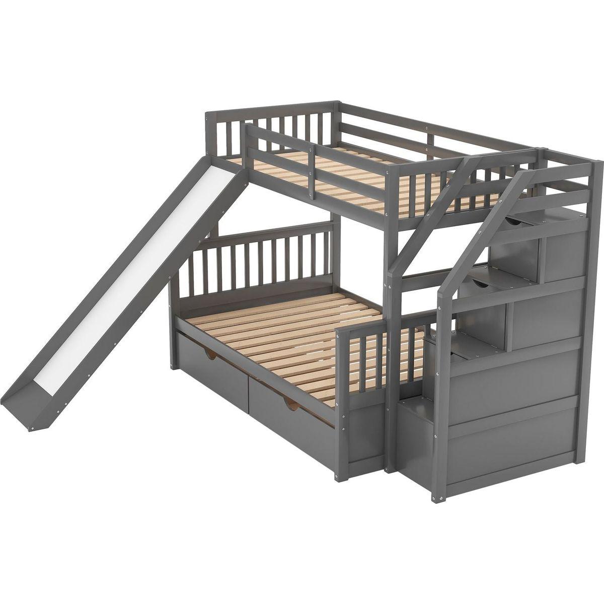 Twin over Full Bunk Bed with Drawers, Storage and Slide, Multifunction, Gray