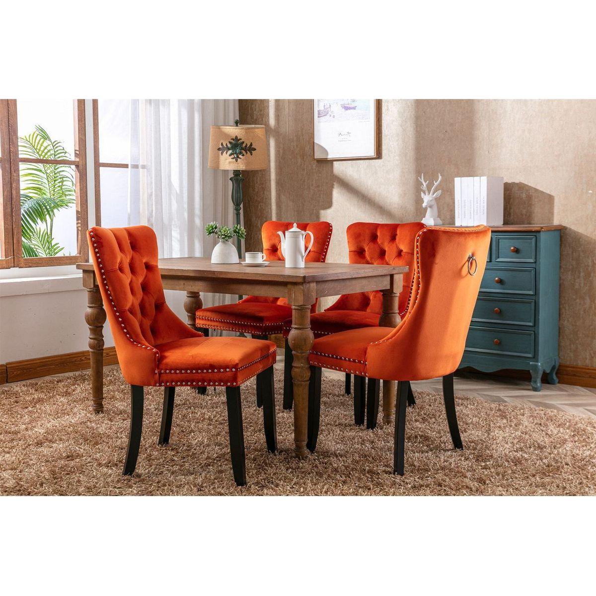 Nikki Collection Modern, High-end Tufted Solid Wood Contemporary Velvet Upholstered Dining Chair with Wood Legs Nailhead Trim 2-Pcs Set, Orange