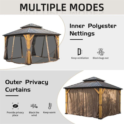 12'x12' Hardtop Gazebo, Outdoor Cedar Wood Frame Canopy with Galvanized Steel Double Roof, Outdoor Permanent Metal Pavilion with Curtains and Netting for Patio, Backyard and Lawn(Brown)