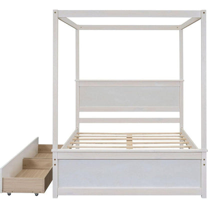 Wood Canopy Bed with two Drawers, Full Size Canopy Platform bed With Support Slats .No Box Spring Needed, Brushed White