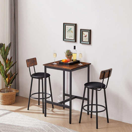 Bar Table Set with 2 Bar stools PU Soft seat with backrest, Rustic Brown, 23.62" W x 23.62" D x 35.43" H