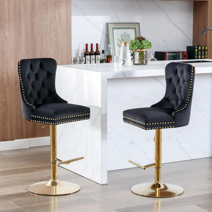 Thick Golden Swivel Velvet Barstools Adjusatble Seat Height from 27-35 Inch, Modern Upholstered Bar Stools with Backs Comfortable Tufted for Home Pub and Kitchen Island (Black, Set of 2)