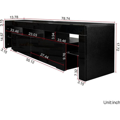 Modern gloss black TV Stand for 80 inch TV, 20 Colors LED TV Stand w/Remote Control Lights