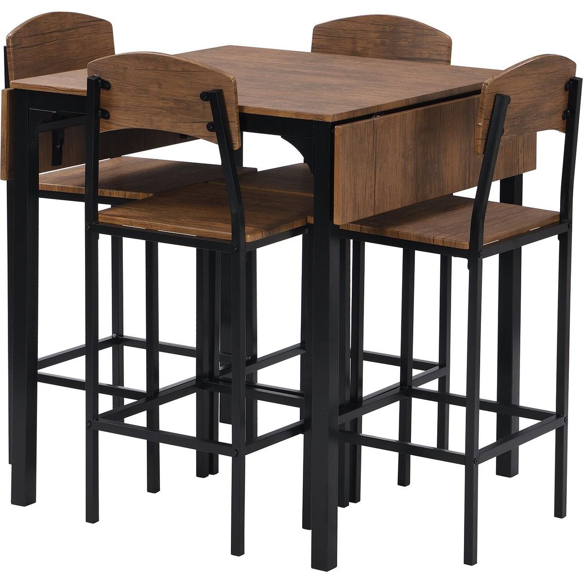 Farmhouse 5-piece Counter Height Drop Leaf Dining Table Set with Dining Chairs for 4, Black Frame+Brown Tabletop